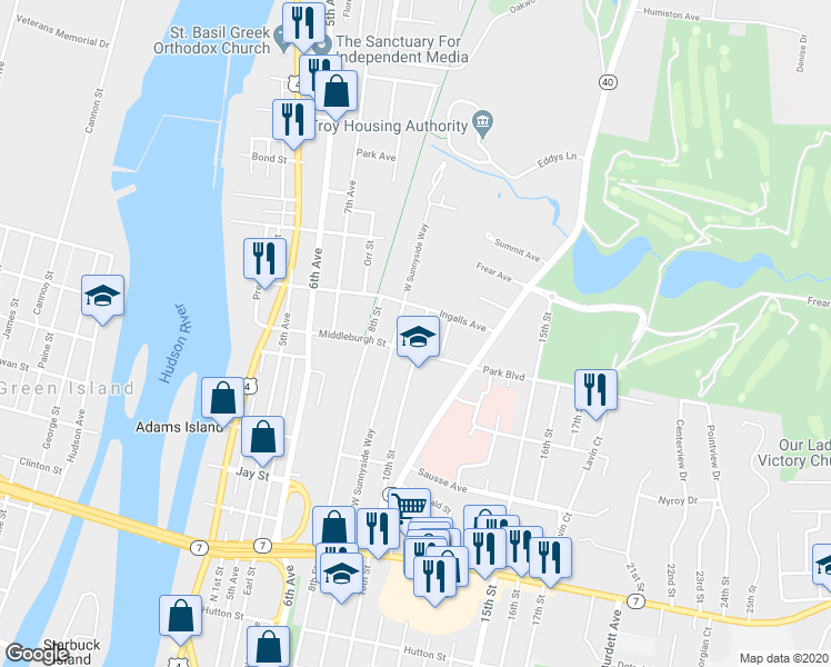map of restaurants, bars, coffee shops, grocery stores, and more near 479 10th Street in Troy