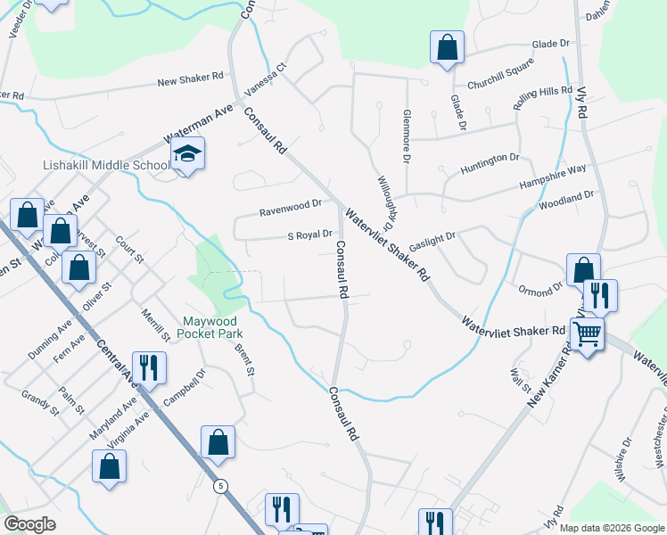 map of restaurants, bars, coffee shops, grocery stores, and more near 160 Consaul Road in Albany