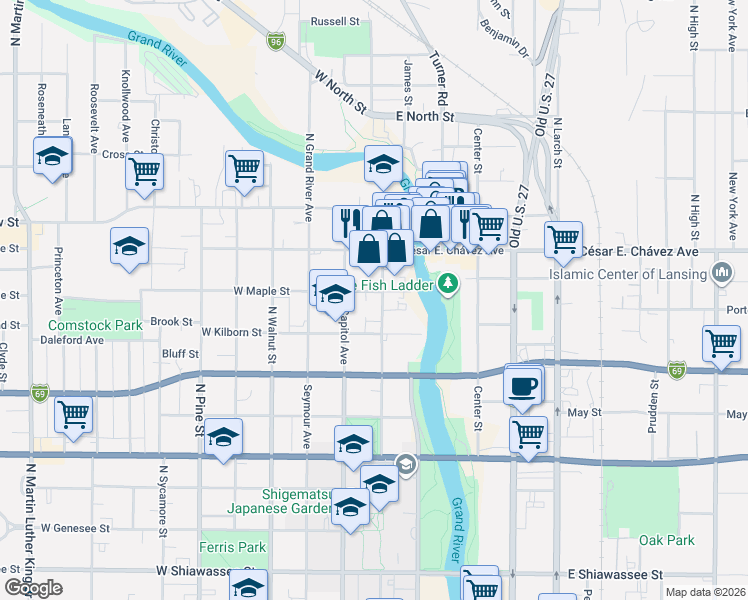 map of restaurants, bars, coffee shops, grocery stores, and more near 1016 North Washington Avenue in Lansing