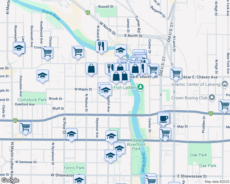 map of restaurants, bars, coffee shops, grocery stores, and more near in Lansing