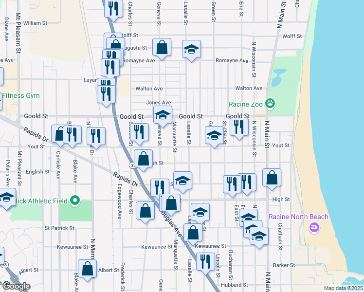map of restaurants, bars, coffee shops, grocery stores, and more near 1928 Lasalle Street in Racine