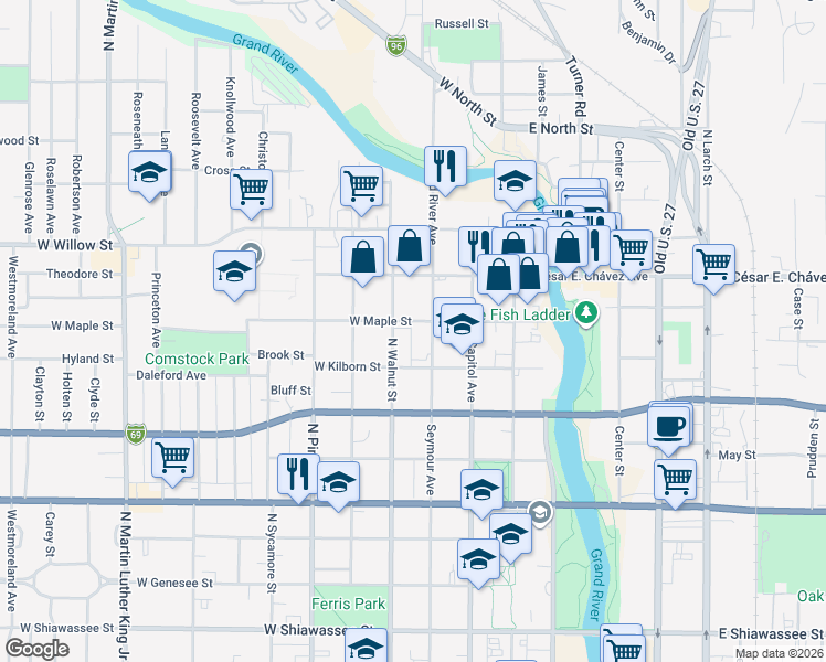 map of restaurants, bars, coffee shops, grocery stores, and more near 1012 North Walnut Street in Lansing