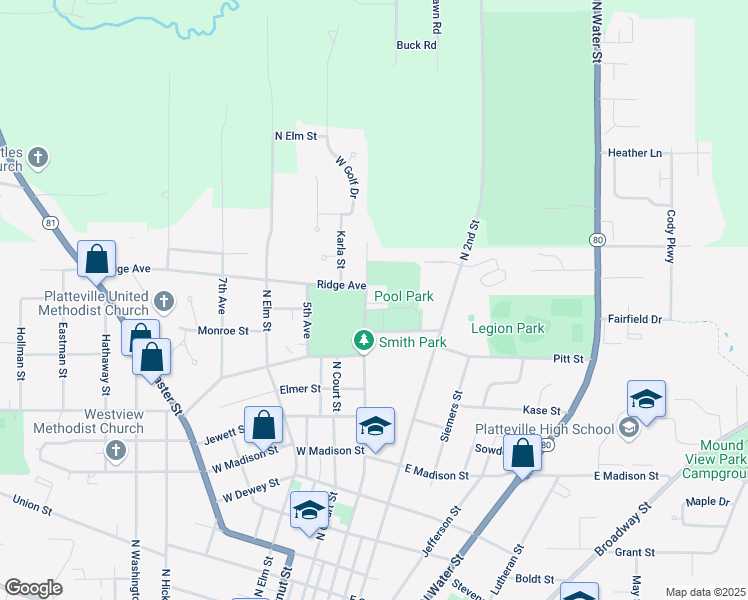 map of restaurants, bars, coffee shops, grocery stores, and more near 1245 North 4th Street in Platteville