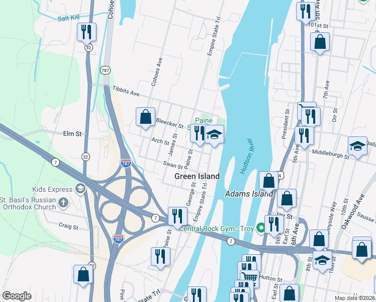 map of restaurants, bars, coffee shops, grocery stores, and more near 156 Paine Street in Green Island