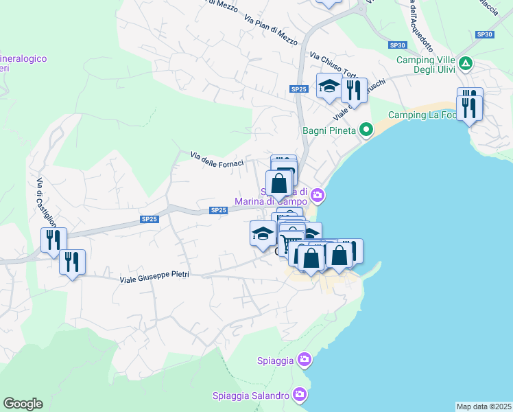 map of restaurants, bars, coffee shops, grocery stores, and more near 24 Via della Costa in Marina di Campo