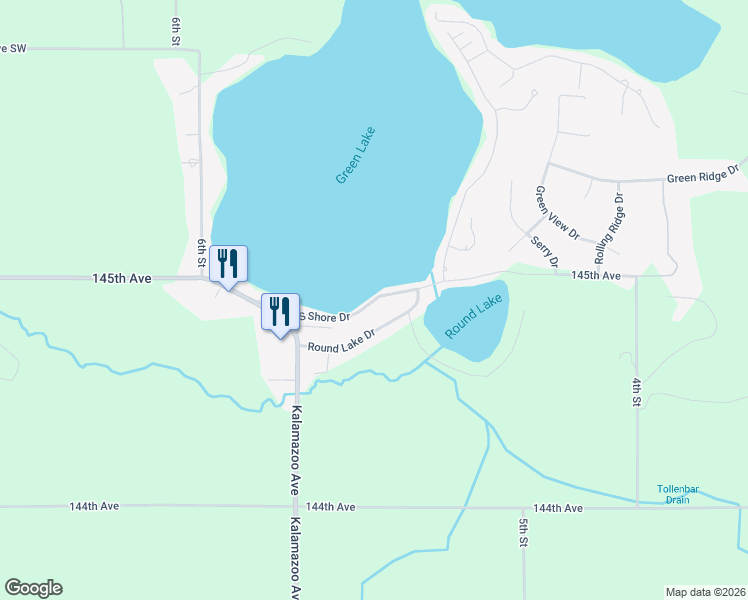 map of restaurants, bars, coffee shops, grocery stores, and more near 526 South Shore Drive in Caledonia