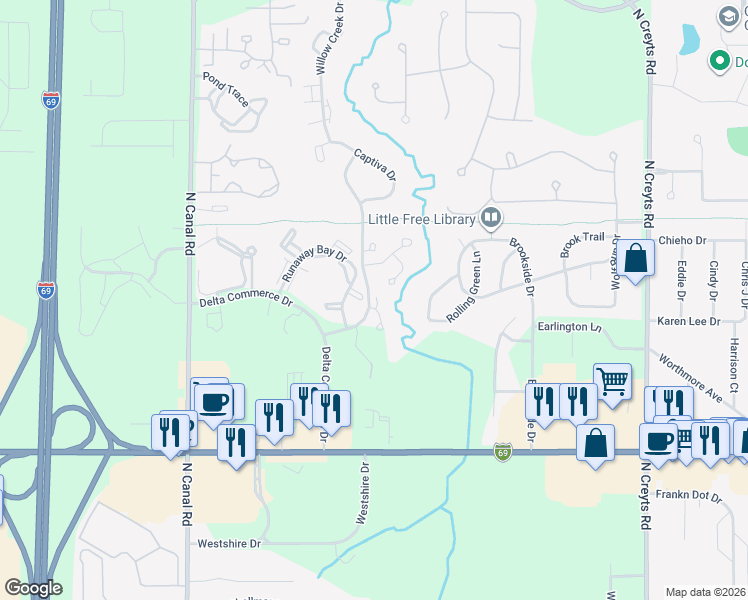 map of restaurants, bars, coffee shops, grocery stores, and more near 1154 Eastbury Drive in Lansing