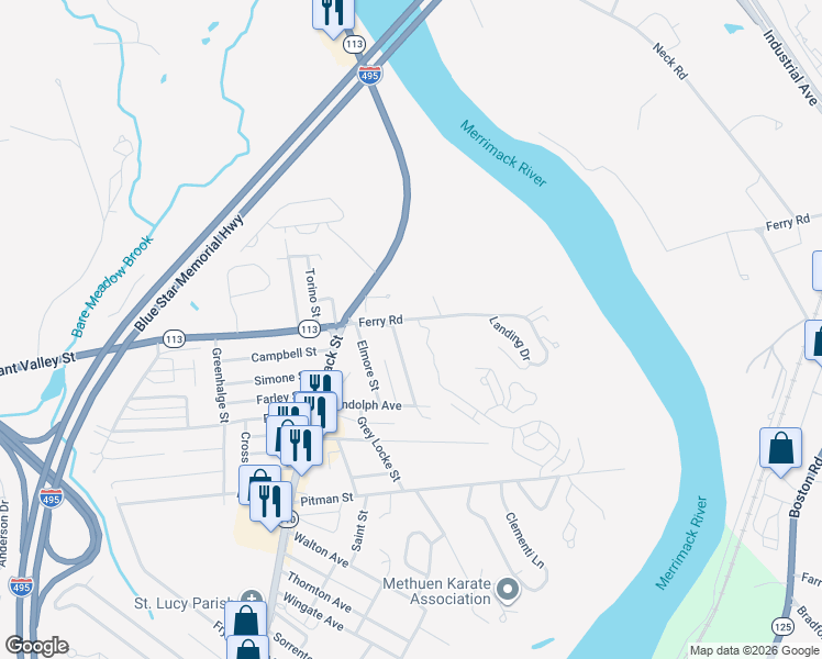 map of restaurants, bars, coffee shops, grocery stores, and more near 112 Baltic Street in Methuen