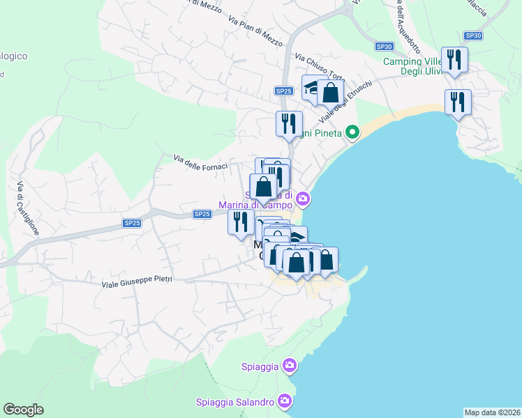 map of restaurants, bars, coffee shops, grocery stores, and more near 33 Via Gaetano Donizetti in Marina di Campo