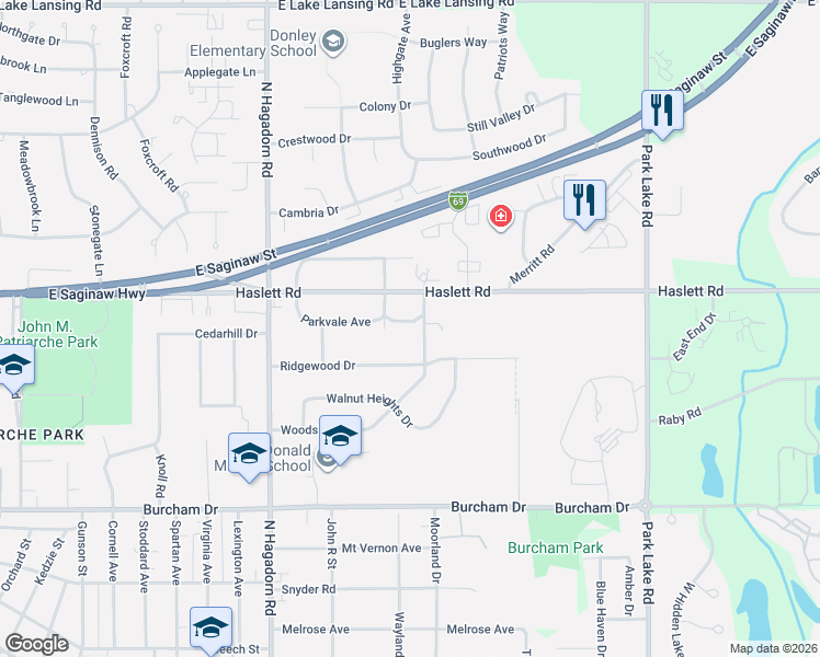 map of restaurants, bars, coffee shops, grocery stores, and more near 1724 Parkvale Avenue in East Lansing