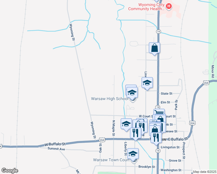map of restaurants, bars, coffee shops, grocery stores, and more near 151 North Maple Street in Warsaw