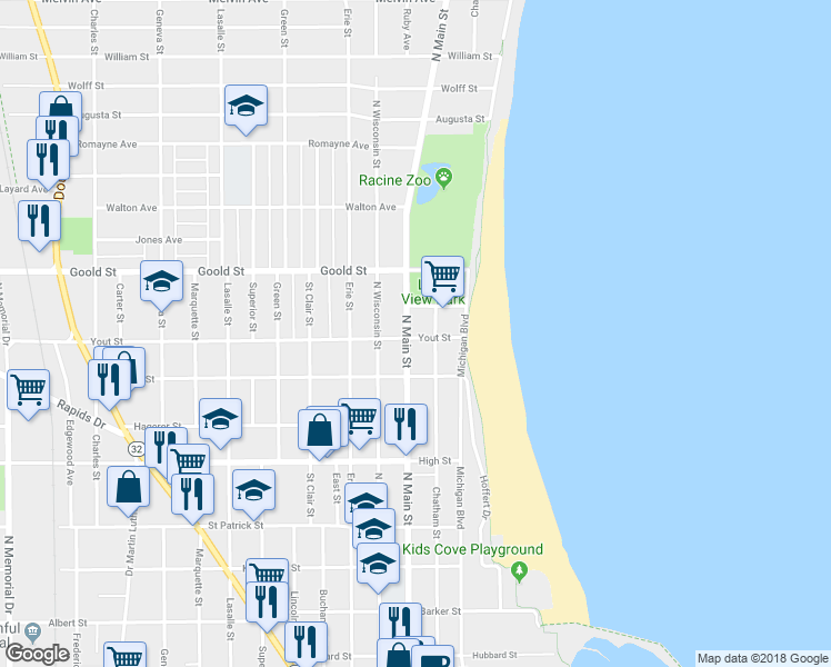map of restaurants, bars, coffee shops, grocery stores, and more near 2003 North Main Street in Racine