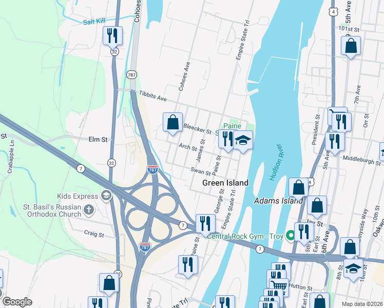 map of restaurants, bars, coffee shops, grocery stores, and more near in Green Island