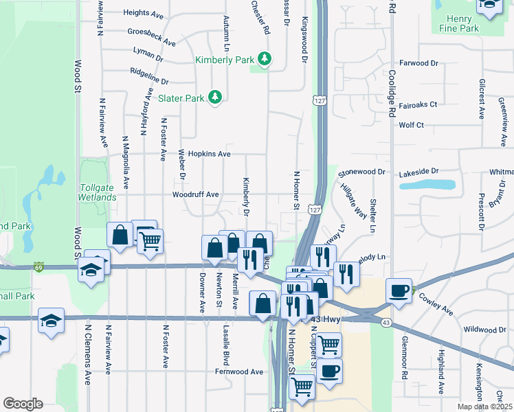 map of restaurants, bars, coffee shops, grocery stores, and more near 1035 Chester Road in Lansing