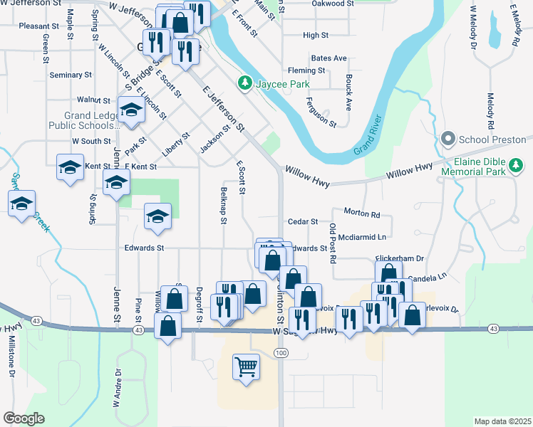 map of restaurants, bars, coffee shops, grocery stores, and more near 410 South Clinton Street in Grand Ledge