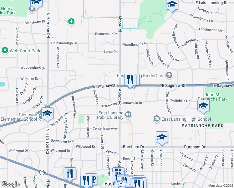 map of restaurants, bars, coffee shops, grocery stores, and more near 1124 Sabron Drive in East Lansing
