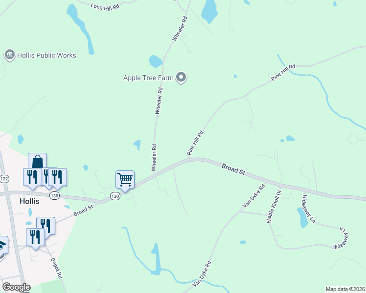 map of restaurants, bars, coffee shops, grocery stores, and more near 4 Pine Hill Road in Hollis