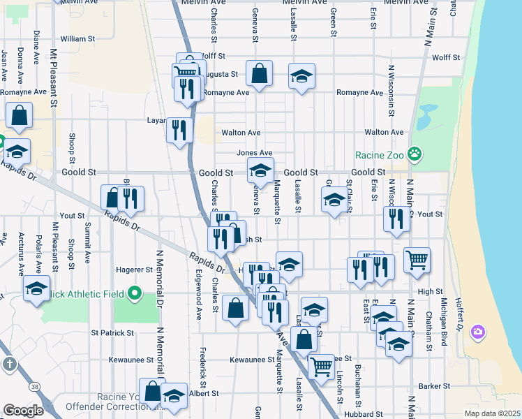 map of restaurants, bars, coffee shops, grocery stores, and more near 1105 Yout Street in Racine