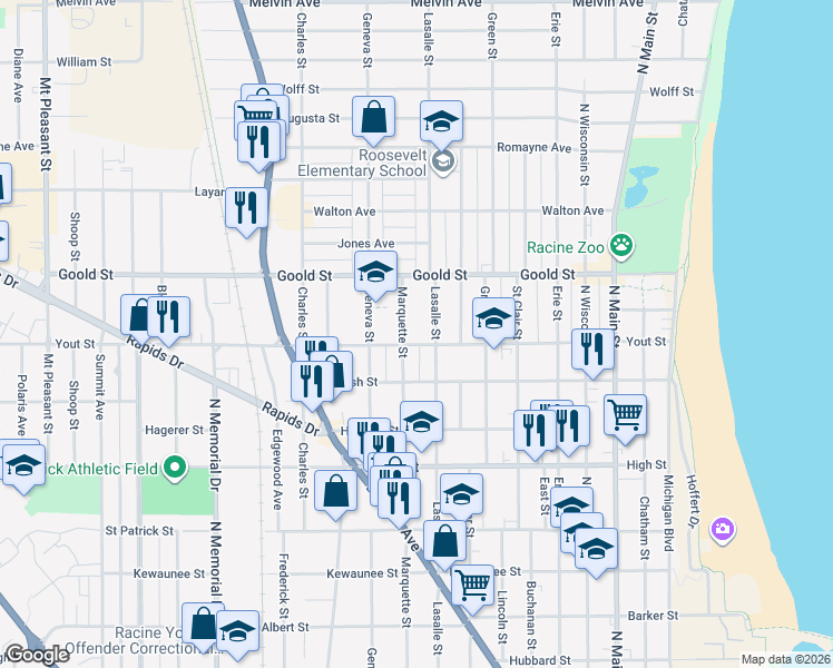 map of restaurants, bars, coffee shops, grocery stores, and more near 1928 Lasalle Street in Racine
