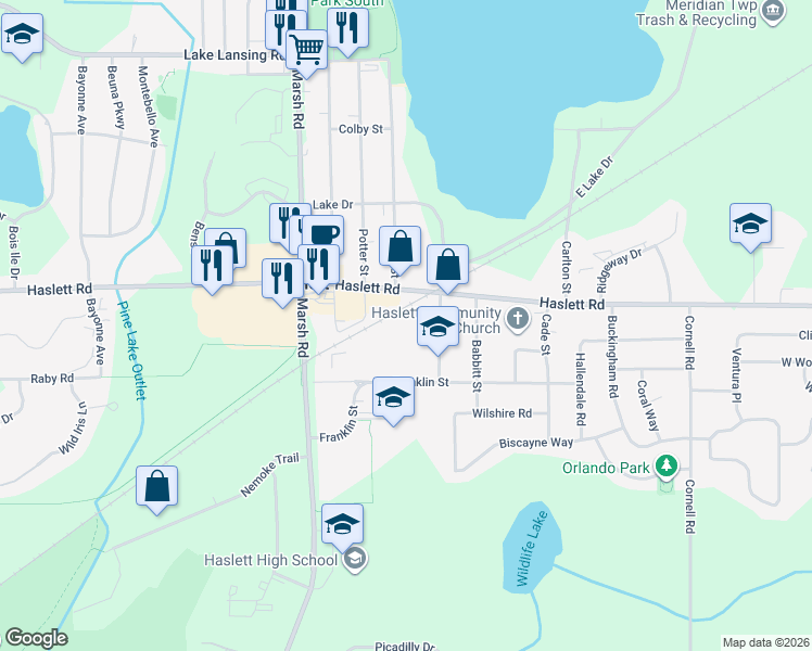map of restaurants, bars, coffee shops, grocery stores, and more near 1535 Franklin Street in Meridian Charter Township