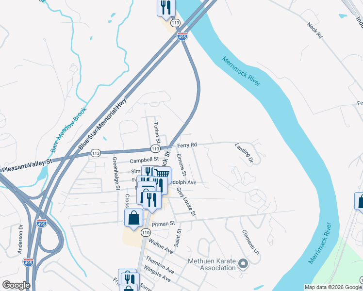 map of restaurants, bars, coffee shops, grocery stores, and more near 10 Ferry Road in Methuen