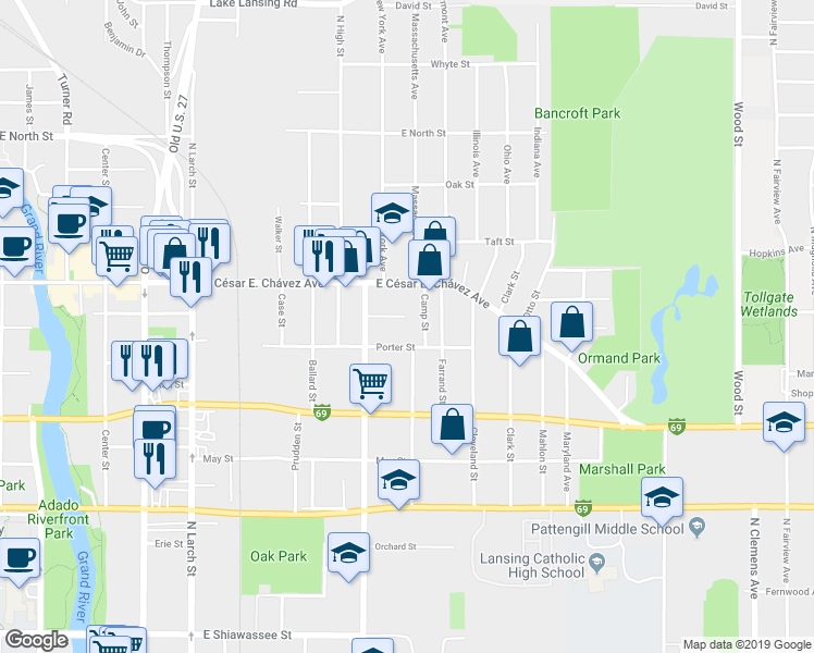 map of restaurants, bars, coffee shops, grocery stores, and more near 1110 Persons Court in Lansing