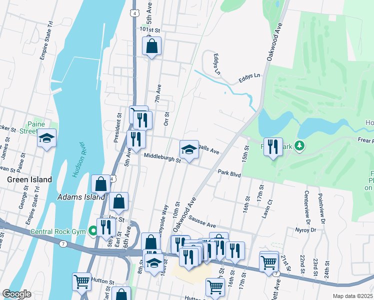 map of restaurants, bars, coffee shops, grocery stores, and more near 68 Middleburgh Street in Troy