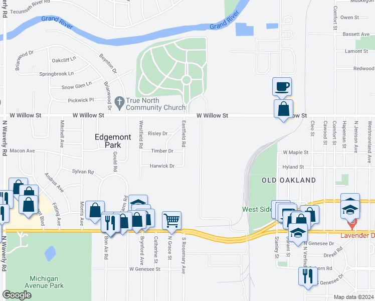map of restaurants, bars, coffee shops, grocery stores, and more near 1002 Eastfield Road in Lansing