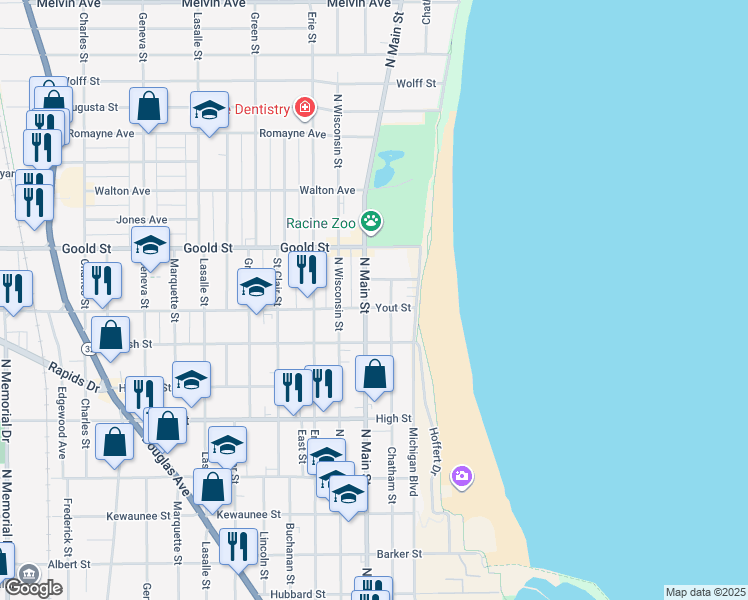 map of restaurants, bars, coffee shops, grocery stores, and more near 1925 North Main Street in Racine