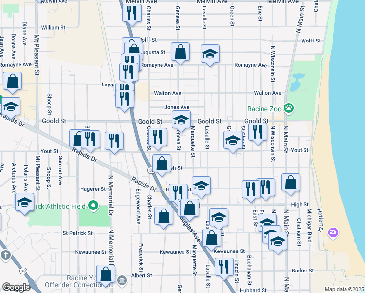map of restaurants, bars, coffee shops, grocery stores, and more near 1105 Yout Street in Racine