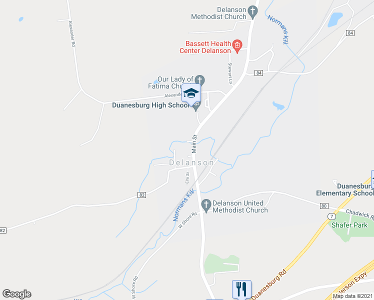 map of restaurants, bars, coffee shops, grocery stores, and more near 1696 Main Street in Delanson