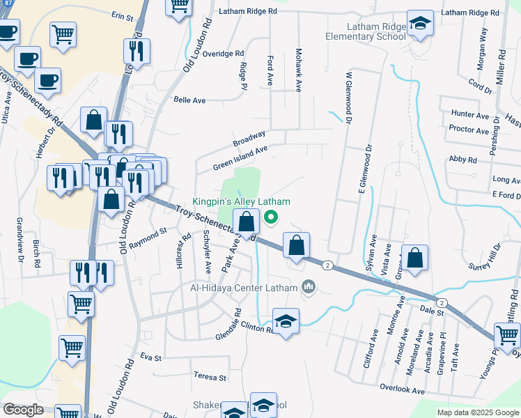 map of restaurants, bars, coffee shops, grocery stores, and more near 37 Latham Village Ln in Latham