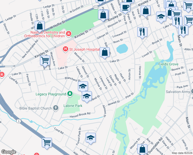 map of restaurants, bars, coffee shops, grocery stores, and more near 19 Thorndike Street in Nashua