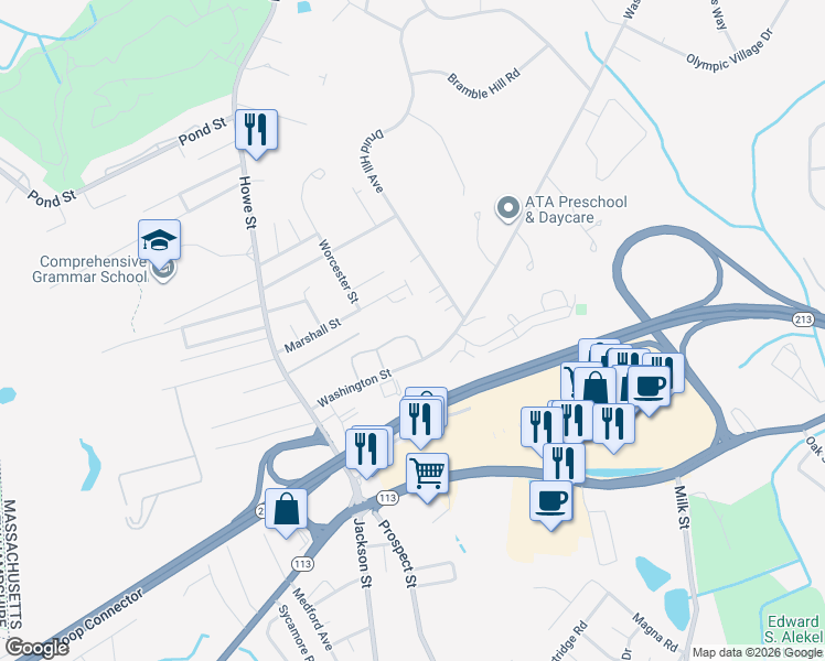 map of restaurants, bars, coffee shops, grocery stores, and more near 20 Washington Street in Methuen