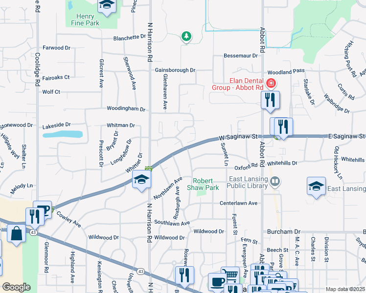 map of restaurants, bars, coffee shops, grocery stores, and more near 1063 Rosewood Avenue in East Lansing