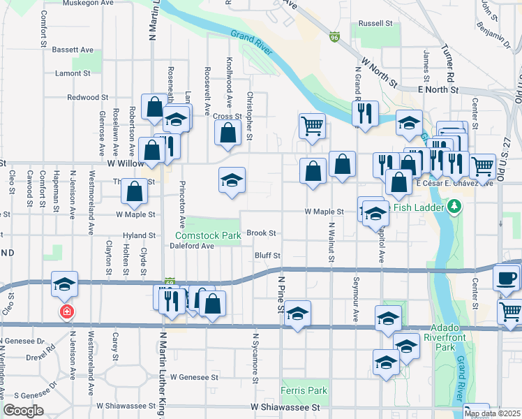 map of restaurants, bars, coffee shops, grocery stores, and more near 622 Brook Street in Lansing