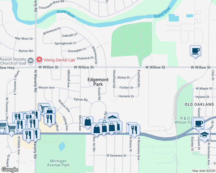 map of restaurants, bars, coffee shops, grocery stores, and more near 1017 Boynton Drive in Lansing