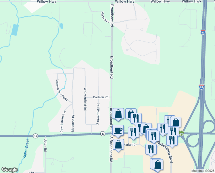 map of restaurants, bars, coffee shops, grocery stores, and more near 7937 Carlson Road in Lansing