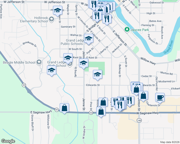 map of restaurants, bars, coffee shops, grocery stores, and more near 111 Edwards Street in Grand Ledge