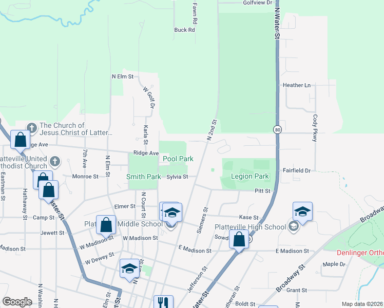 map of restaurants, bars, coffee shops, grocery stores, and more near 1220 North 2nd Street in Platteville