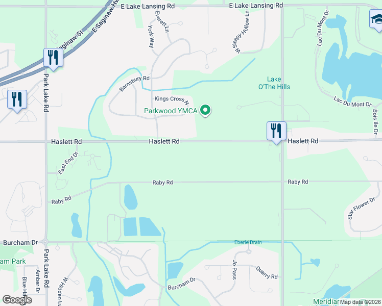 map of restaurants, bars, coffee shops, grocery stores, and more near 2325 Haslett Road in East Lansing