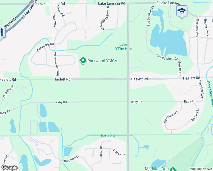 map of restaurants, bars, coffee shops, grocery stores, and more near 2207 Haslett Road in East Lansing