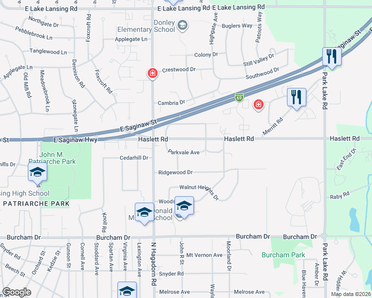 map of restaurants, bars, coffee shops, grocery stores, and more near 1645 Haslett Road in East Lansing