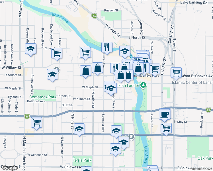 map of restaurants, bars, coffee shops, grocery stores, and more near 1126 Seymour Avenue in Lansing