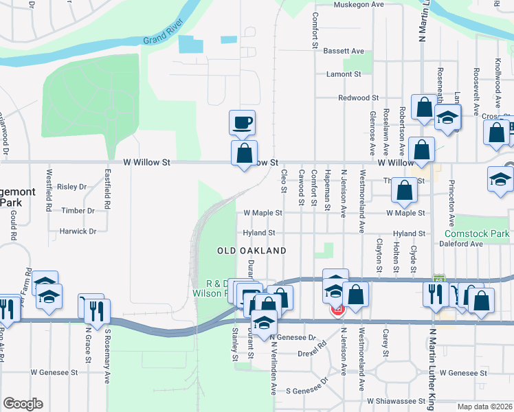 map of restaurants, bars, coffee shops, grocery stores, and more near 1131 Cleo Street in Lansing