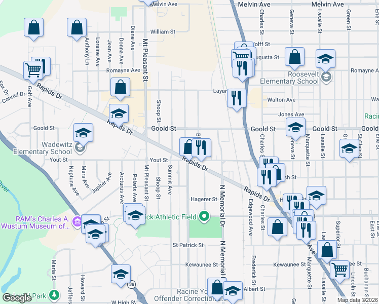 map of restaurants, bars, coffee shops, grocery stores, and more near 2040 Blake Avenue in Racine