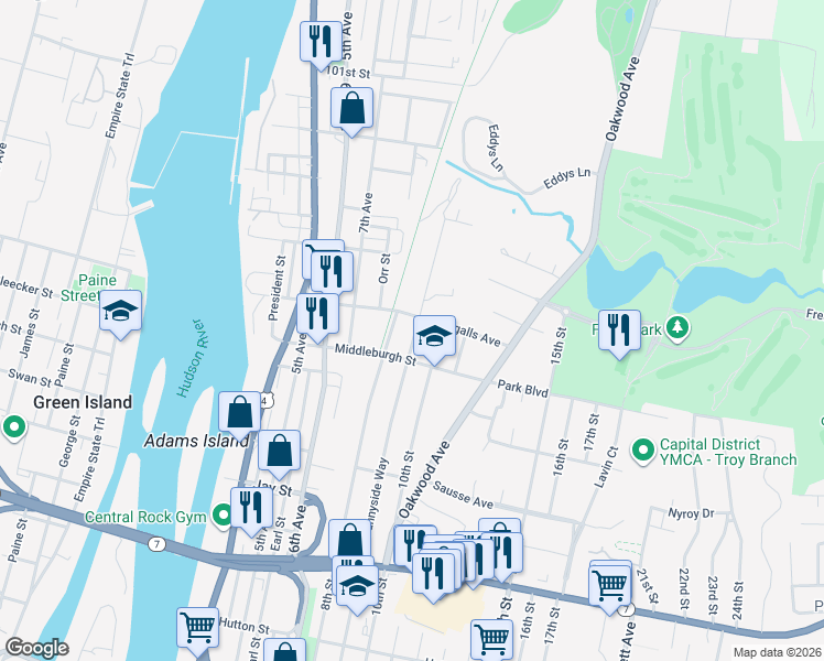 map of restaurants, bars, coffee shops, grocery stores, and more near 1 West Sunnyside Way in Troy