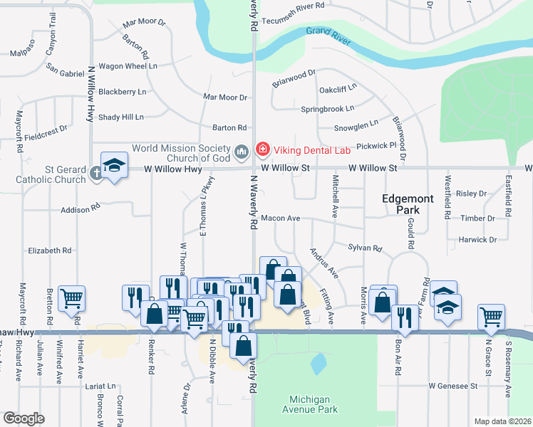 map of restaurants, bars, coffee shops, grocery stores, and more near 1130 North Waverly Road in Lansing