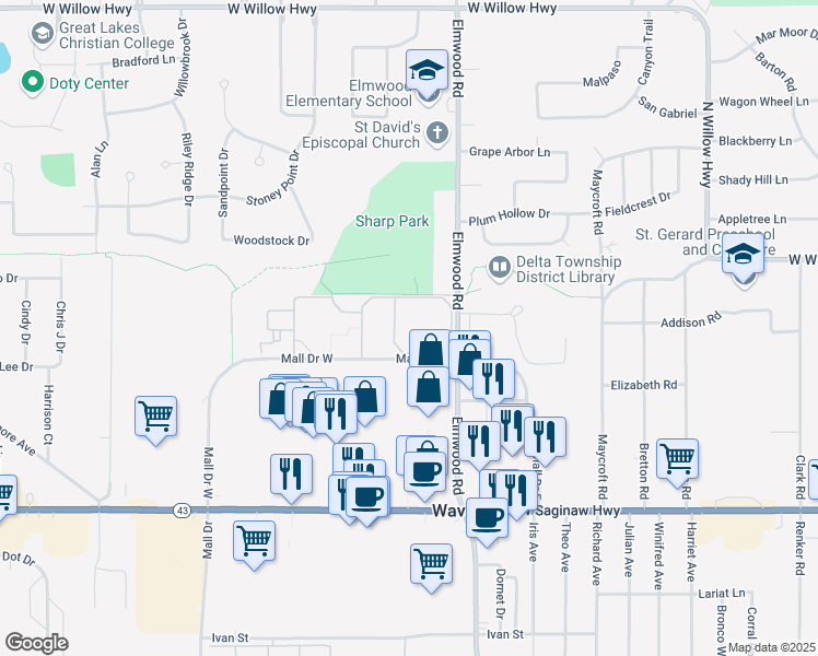 map of restaurants, bars, coffee shops, grocery stores, and more near 1207 Elmwood Road in Lansing