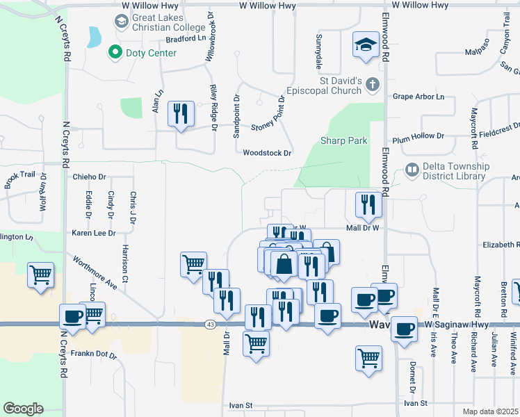 map of restaurants, bars, coffee shops, grocery stores, and more near Mall Court in Lansing